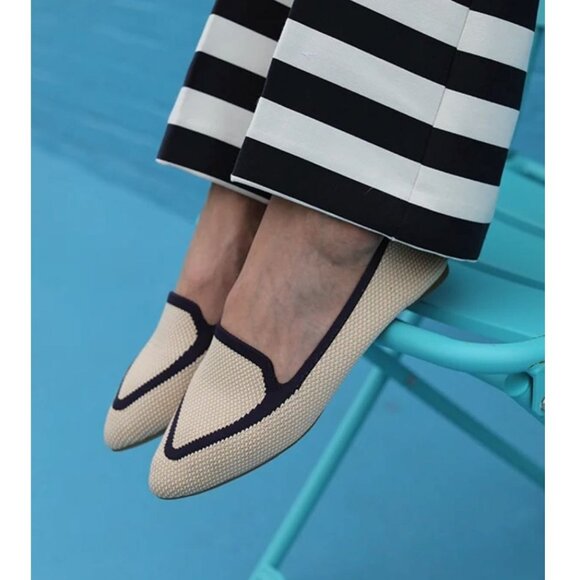Birdies The BlackbirdPointed Toe Flats Woven Slip On Loafer Eggshell Navy 9.5